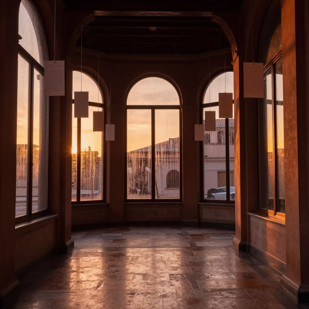 Prayer Hall Lobby Amber Light Before Dusk Reset in in a prayer hall near Bologna