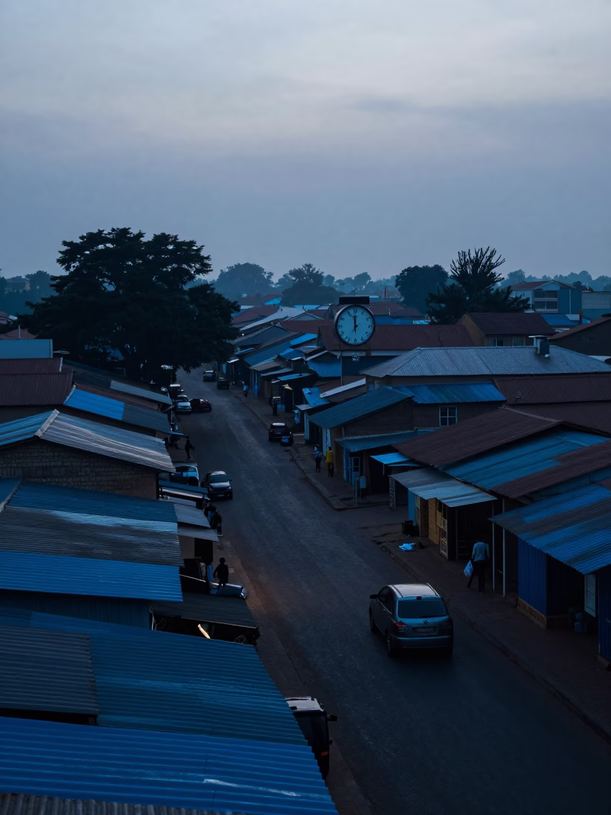 Pre-dawn Accra Street Scene with Chess Clock and Morning Commuters in in Accra, Ghana