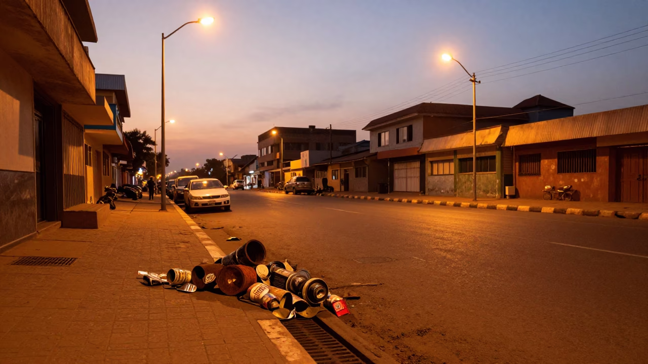 Pre-dawn Accra street scene with pin tin waste and tiled shadows in in Accra, Ghana