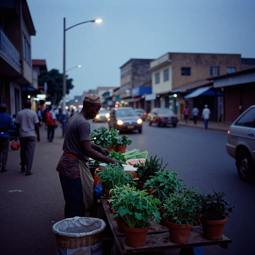 Pre-Dawn Accra Street Scene with Potted Herbs and Urban Life in Ghana in in Accra, Ghana