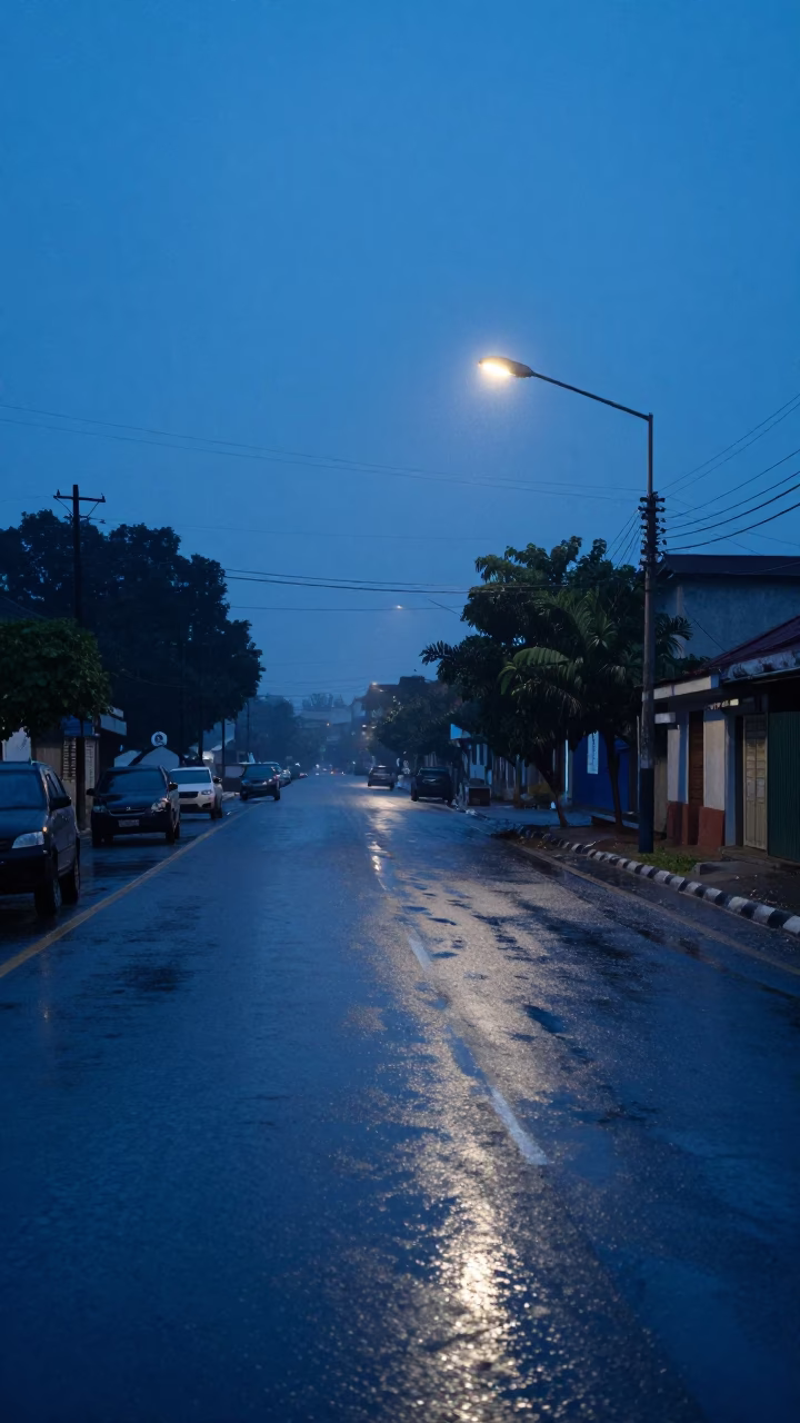 Pre-dawn Accra street scene with wet asphalt and distant city lights in in Accra, Ghana