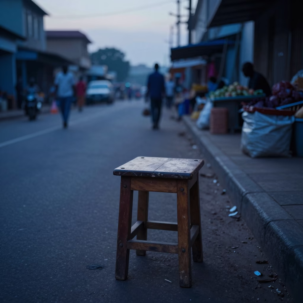 Pre-dawn Accra Street Scene with Wooden Stool and Market Stall in in Accra, Ghana