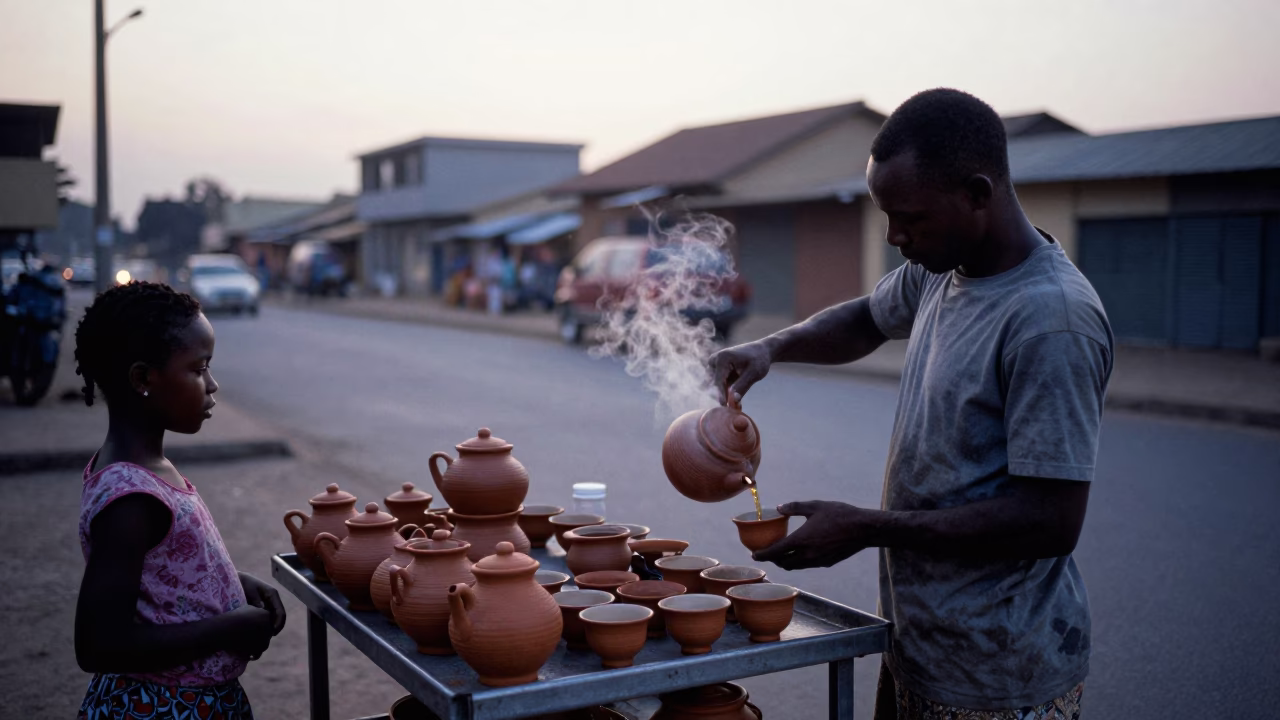 Pre-Dawn Accra Street Vendor Selling Tea and Snacks Before Sunrise in in Accra, Ghana