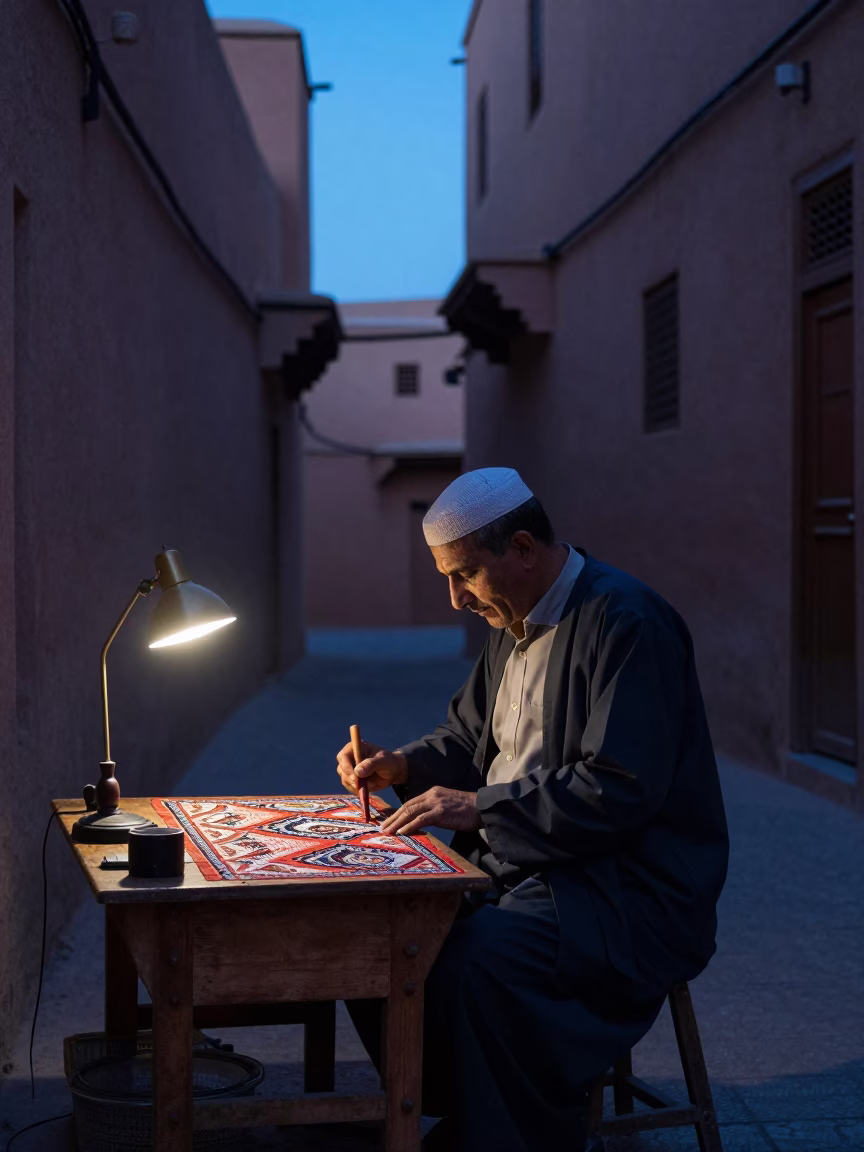Pre-Dawn Activity in Marrakech Medina Street with Batik Wax Tool in in Marrakech, Morocco