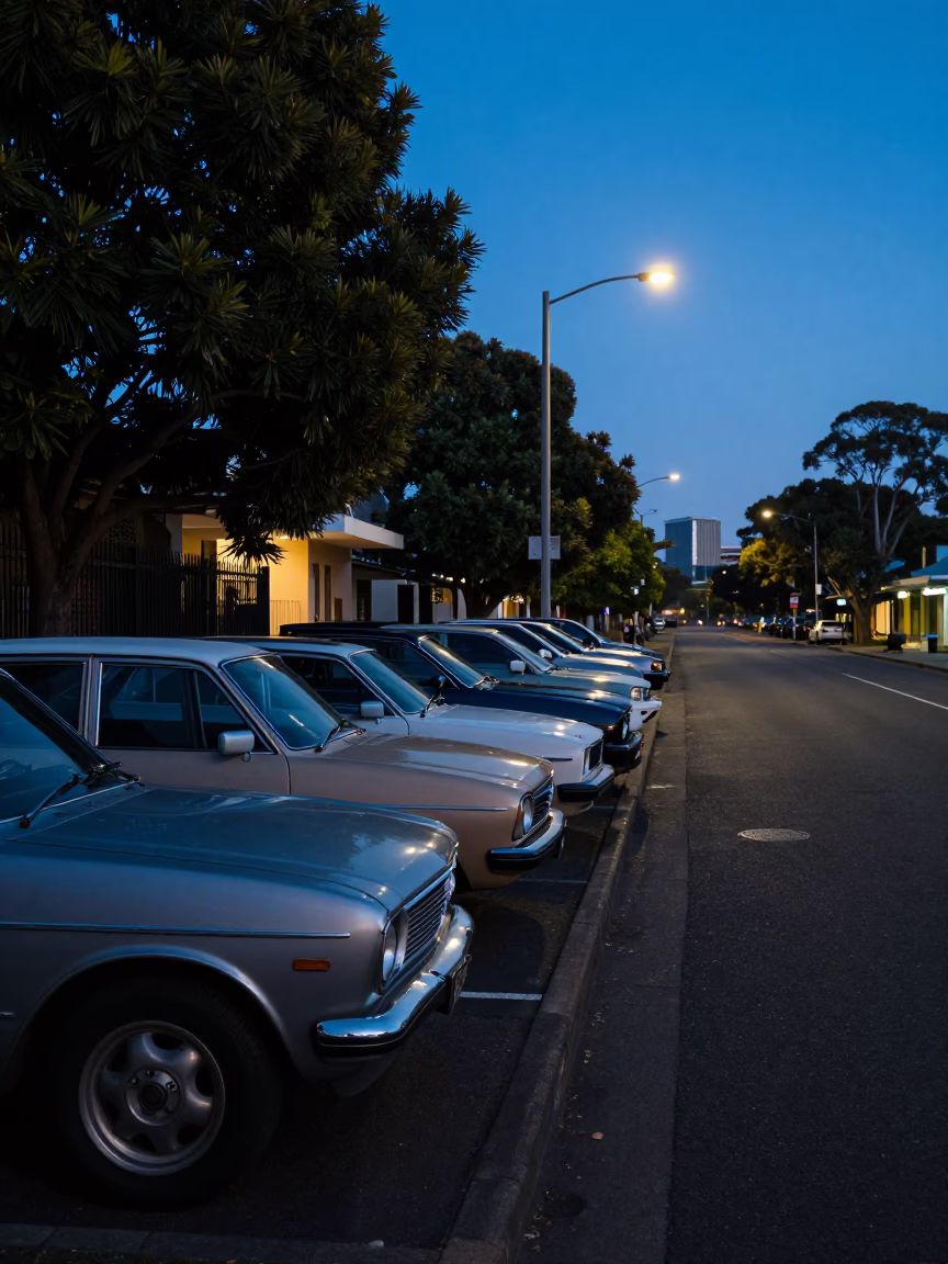 Pre-dawn Adelaide street scene with parked vintage cars and quiet suburban silence in in Adelaide, South Australia, Australia