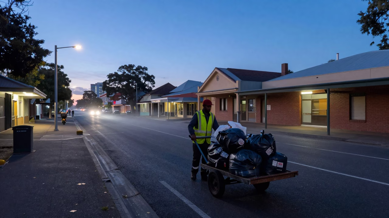 Pre-Dawn Adelaide Street Scene with Rolling Carts and Condensation in in Adelaide, South Australia, Australia