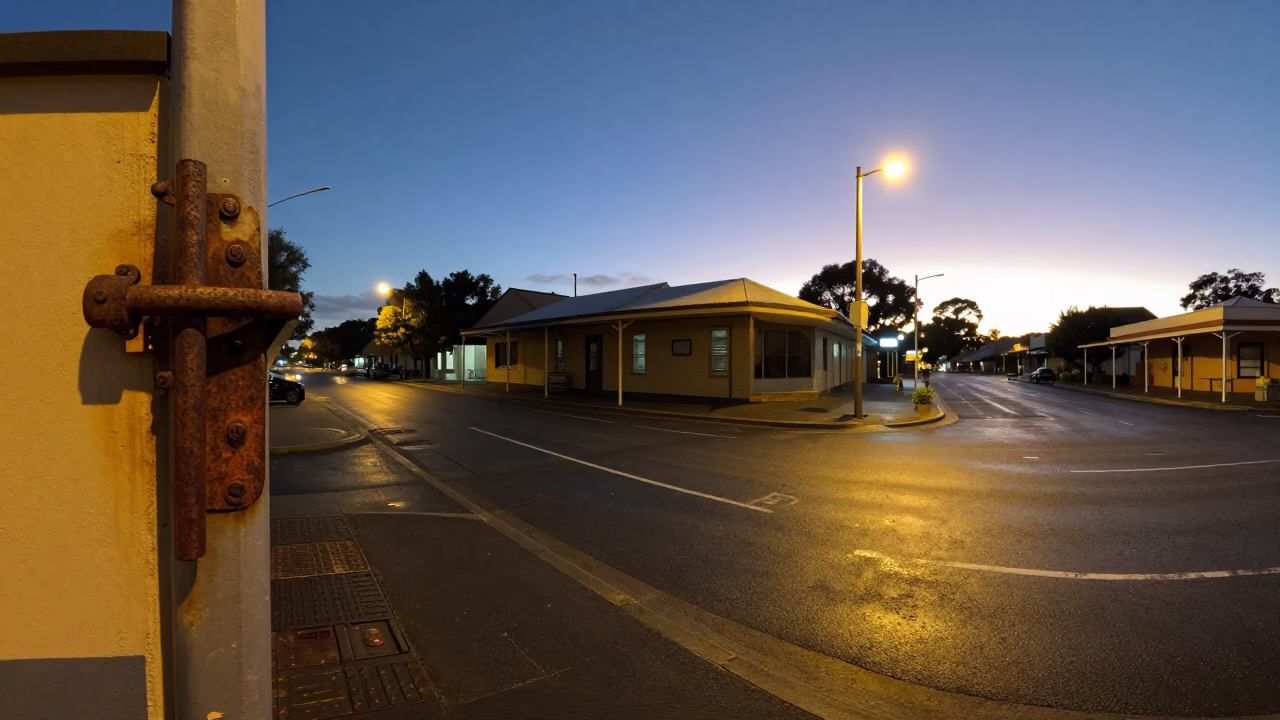 Pre-dawn Adelaide street scene with rusted latch and oil-sheened puddle in in Adelaide, South Australia, Australia