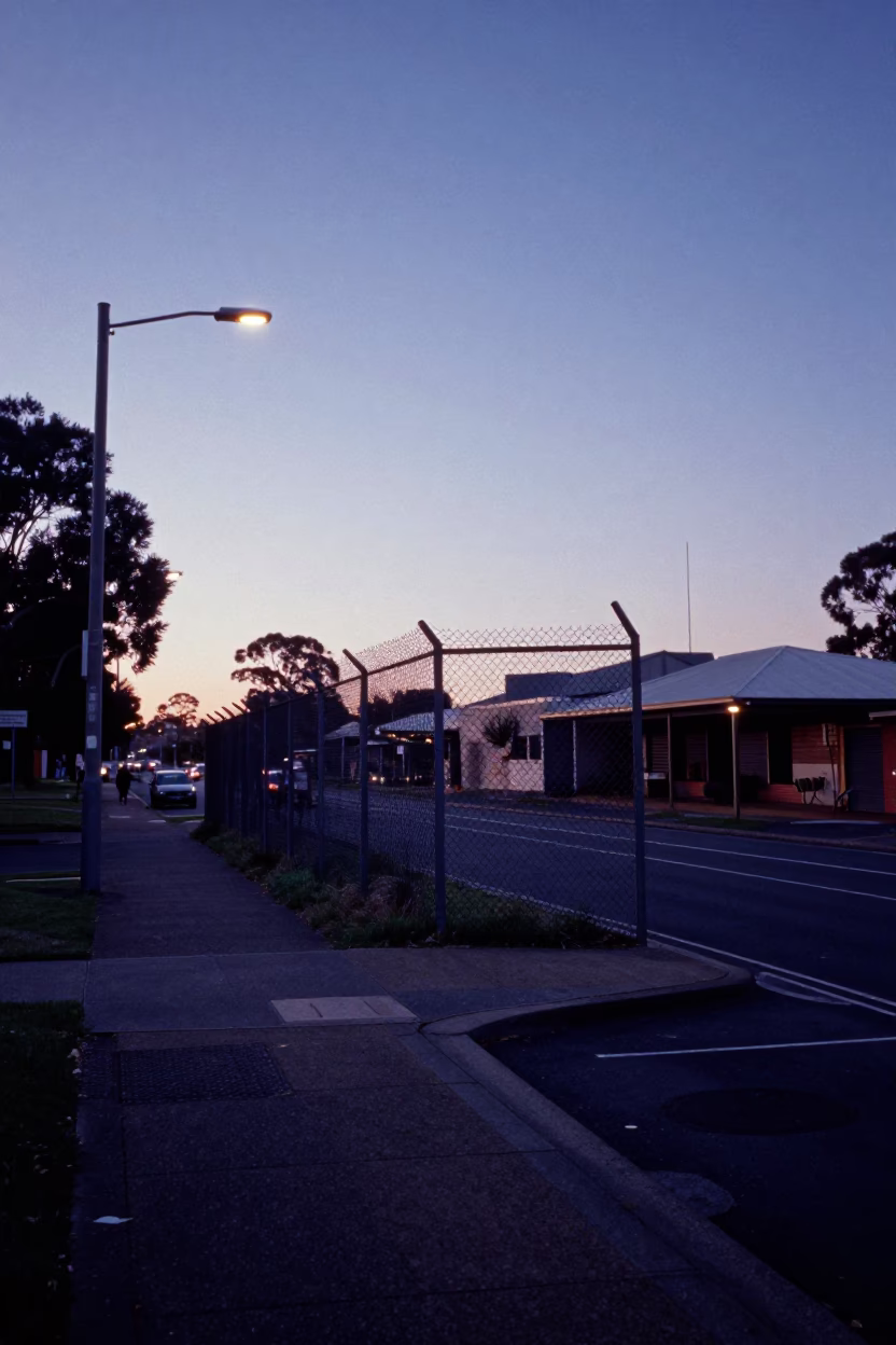 Pre-dawn Adelaide Street Scene with Substation Fence and Morning Dew in in Adelaide, South Australia, Australia