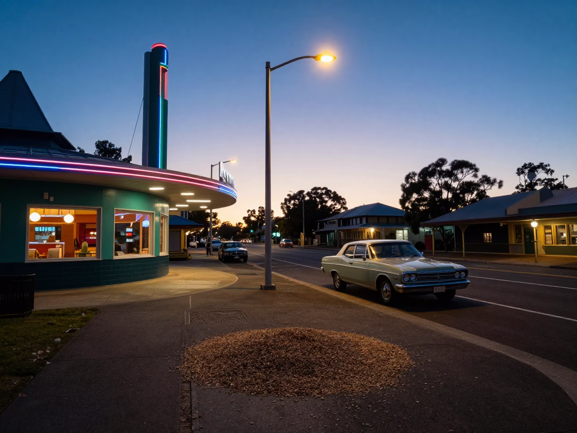 Pre-dawn Adelaide street scene with vintage car and seed tray at drive-in in in Adelaide, South Australia, Australia