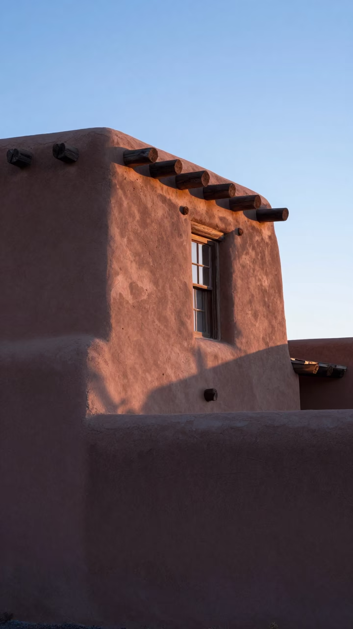 Pre-dawn adobe architecture and adobe walls in Santa Fe New Mexico before sunrise in in Santa Fe, New Mexico, United States