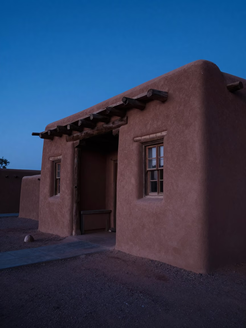 Pre-dawn Adobe Architecture in Santa Fe New Mexico with Traditional Pueblo Style Details in in Santa Fe, New Mexico, United States