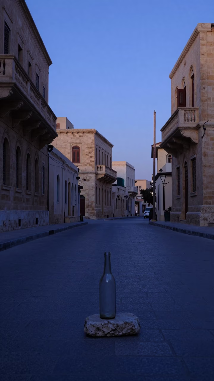 Pre-dawn Alexandria Street Scene with Empty Bottle and Stone Architecture in in Alexandria, Egypt