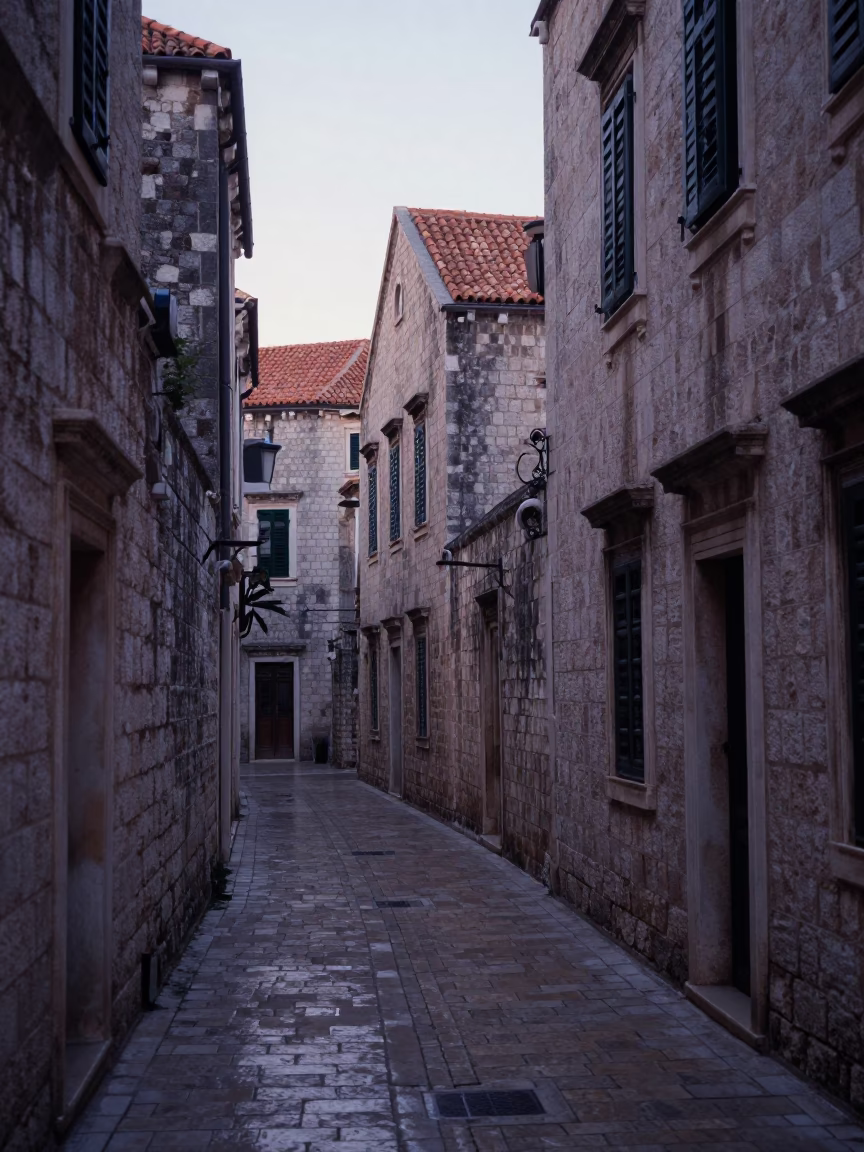 Pre-dawn Alleyway in Dubrovnik at Sunrise Light in in Dubrovnik, Croatia