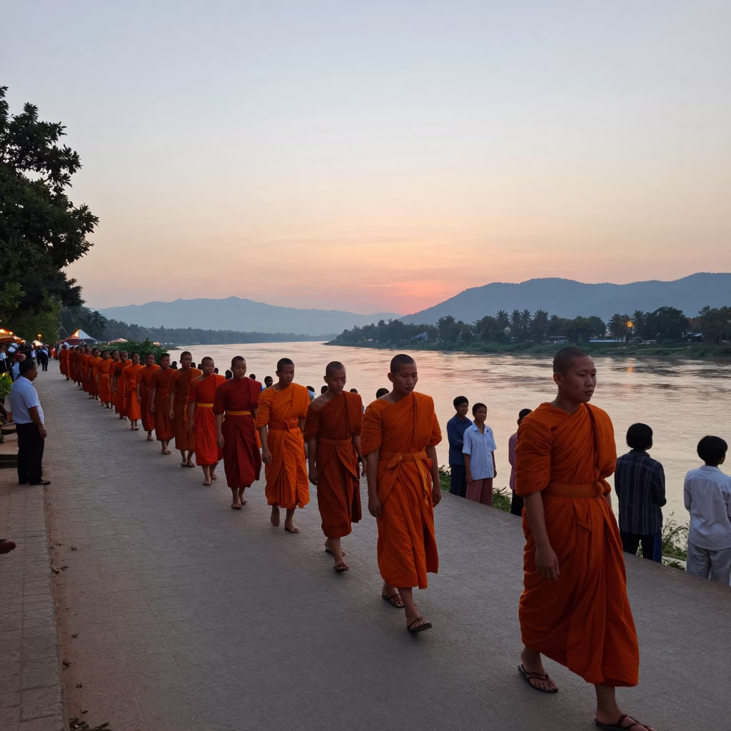 Pre-dawn alms procession in Luang Prabang Laos with monks and locals in in Luang Prabang, Laos
