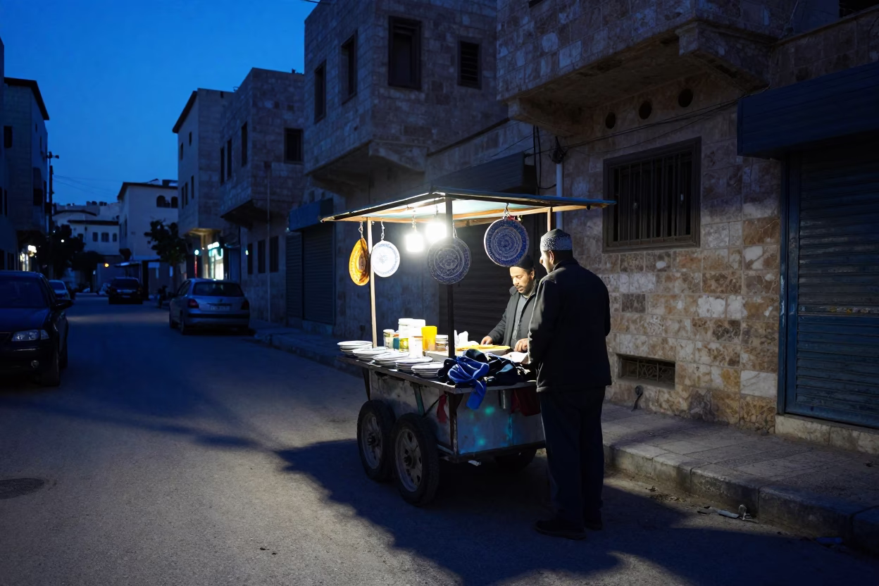 Pre-dawn Amman street scene with ceramic plate and clothes brush in in Amman, Jordan