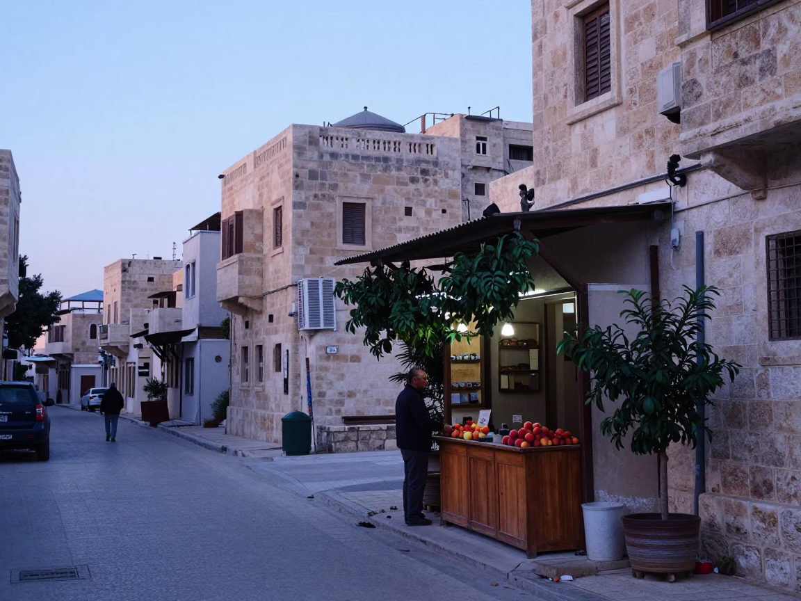 Pre-dawn Amman Street Scene with Nectarines and Houseplant in Jordan in in Amman, Jordan