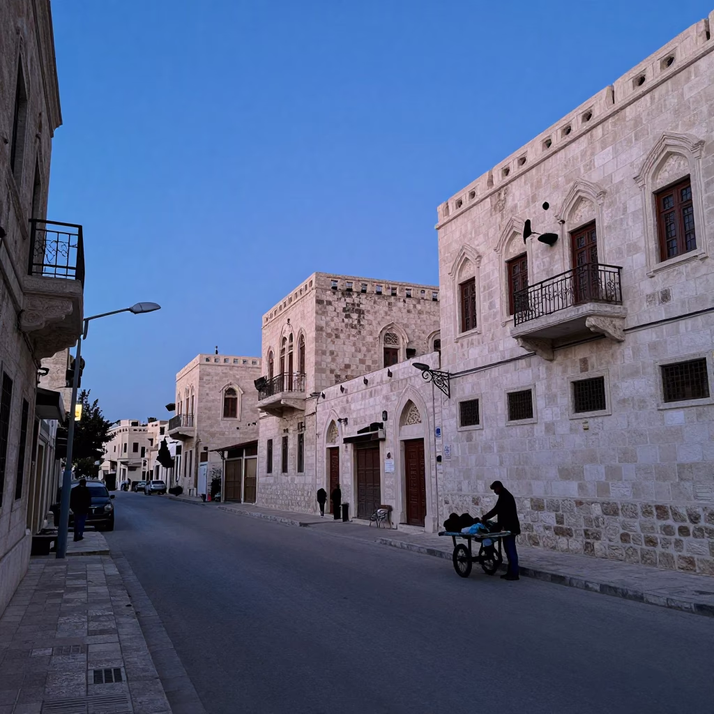 Pre-Dawn Amman Street Scene with Stone Architecture and Local Morning Activity in in Amman, Jordan