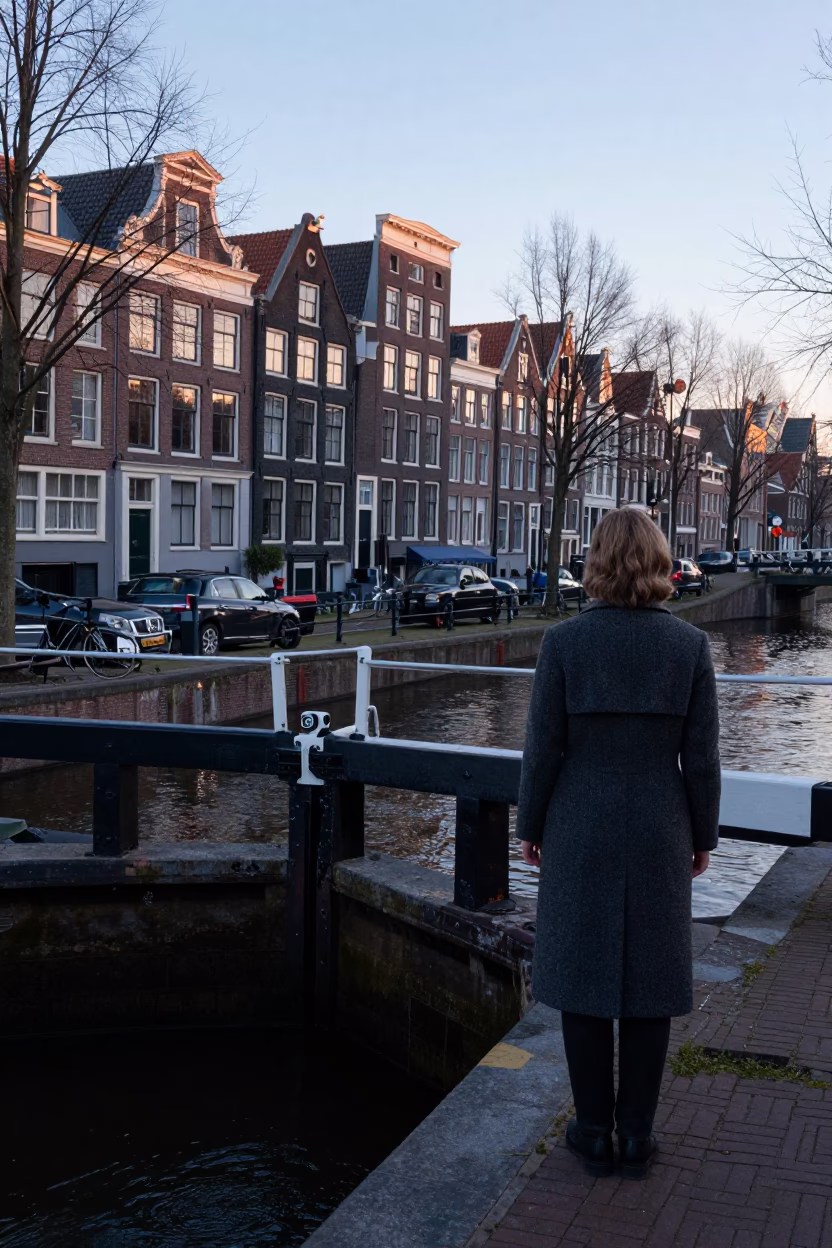 Pre-Dawn Amsterdam Canal Scene with Crumbling Lock and Vintage Fashion Subject in in Amsterdam, Netherlands