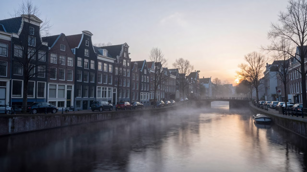 Pre-dawn Amsterdam Canal Scene with Steam Haze and Brick Architecture in in Amsterdam, Netherlands