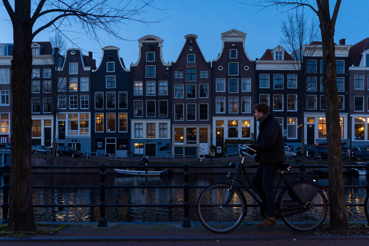 Pre-dawn Amsterdam Canal Street Scene with Bicycle and Shopkeeper in in Amsterdam, Netherlands