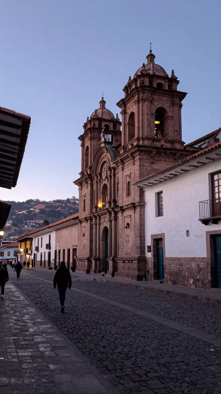 Pre-dawn Andean streets of Cusco Peru with stone architecture and early morning light in in Cusco, Peru