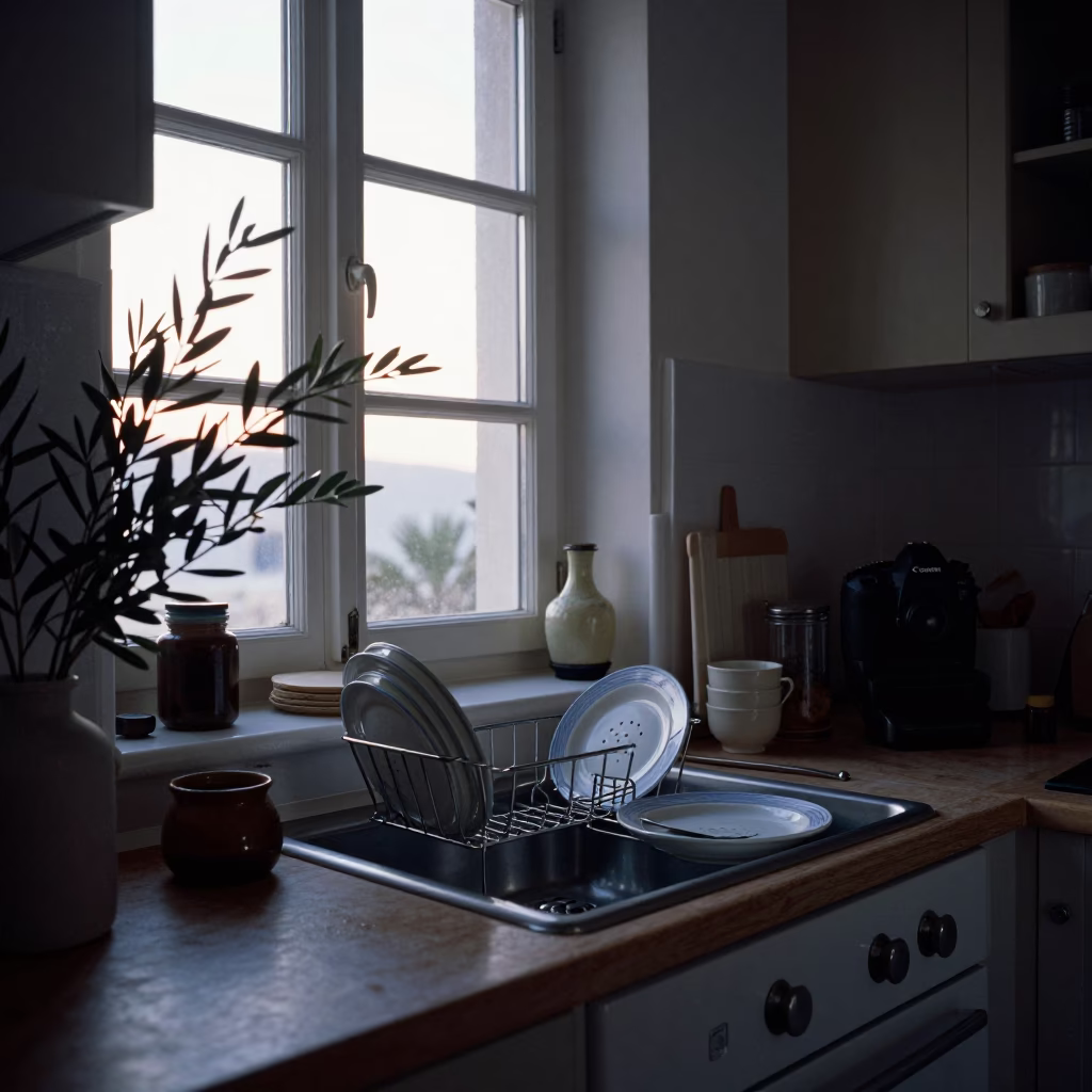 Pre-dawn Athens kitchen scene with blue hour light and olive branch in in Athens, Greece