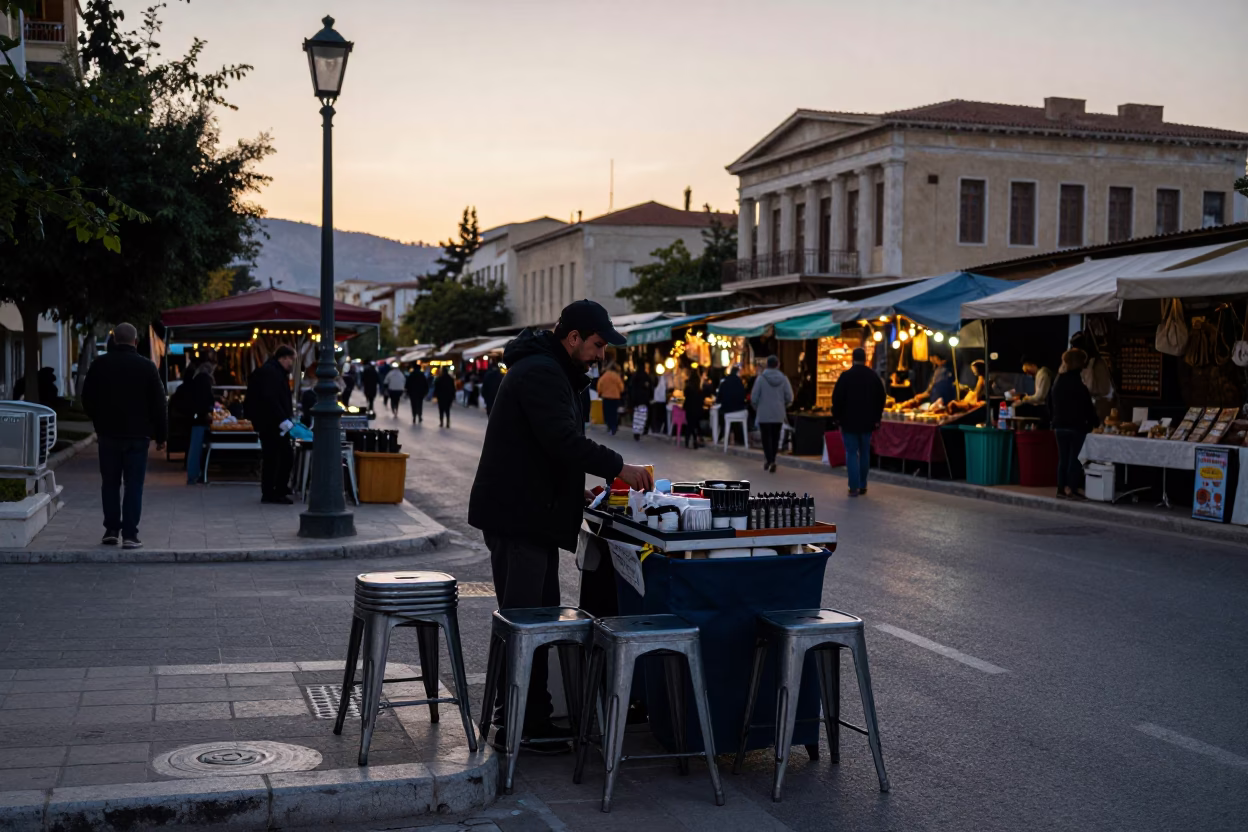 Pre-Dawn Athens Street Market with Metal Stools and Morning Activity in in Athens, Greece