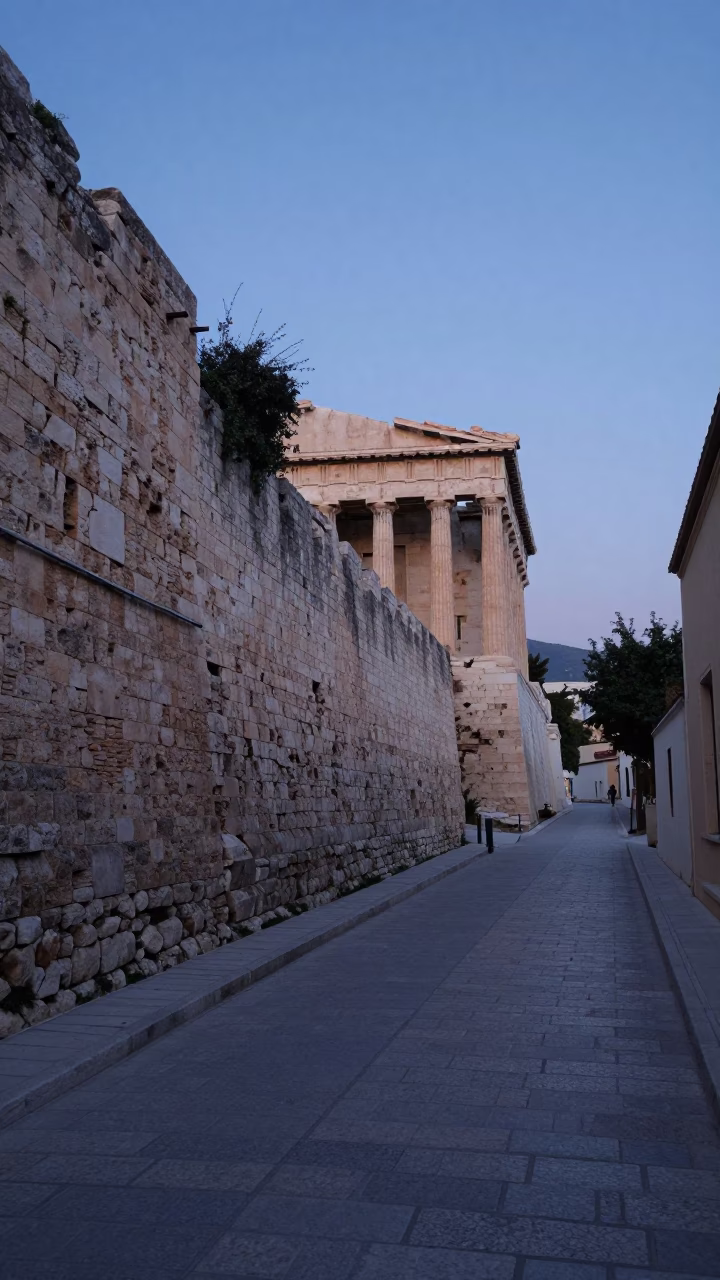 Pre-dawn Athens street scene with ancient stone walls and early morning light in in Athens, Greece