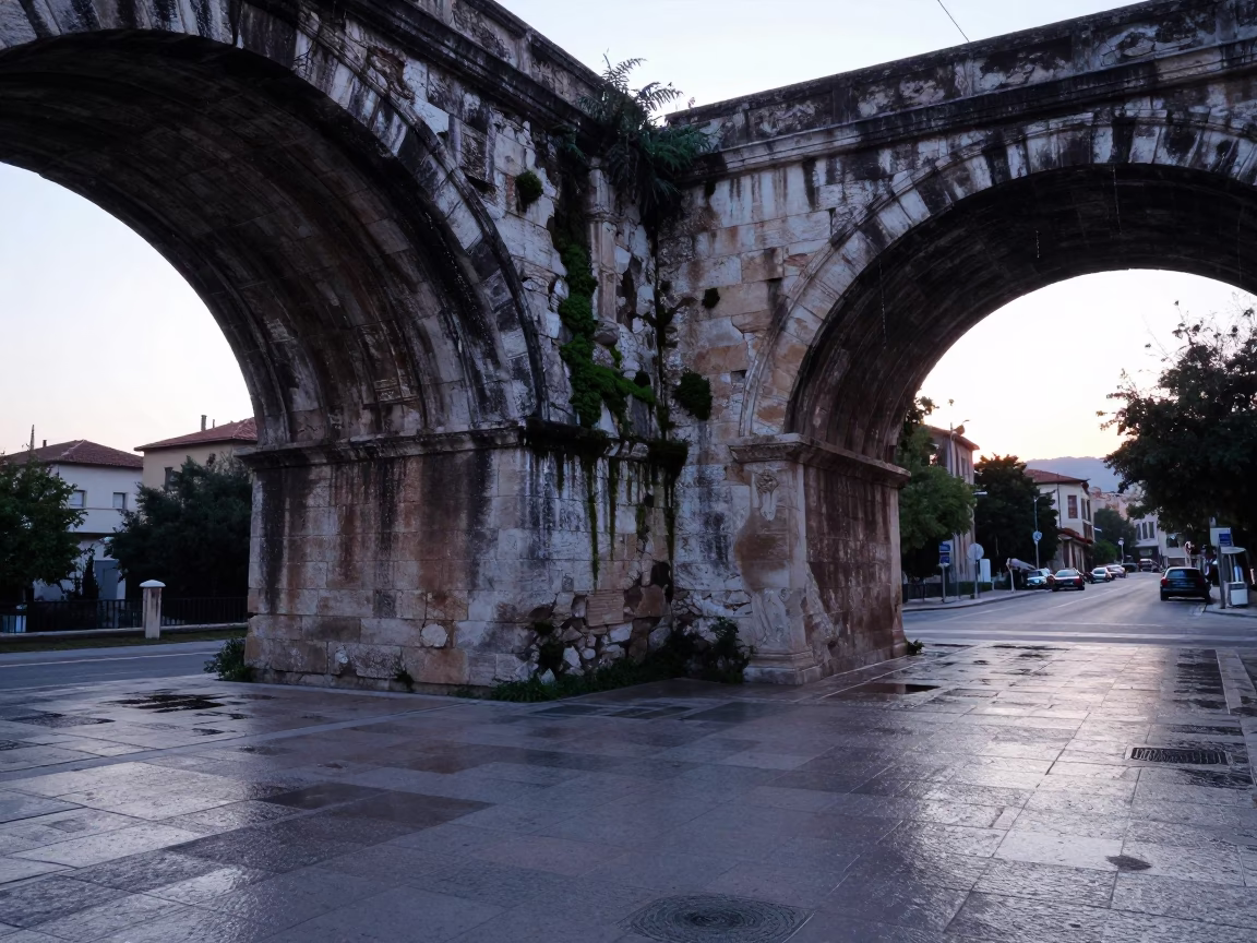 Pre-dawn Athens Street Scene with Condensation on Tile and Stone Viaduct Arch in in Athens, Greece