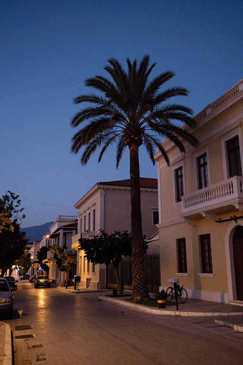 Pre-dawn Athens Street Scene with Date Palm and Vintage Architecture in in Athens, Greece