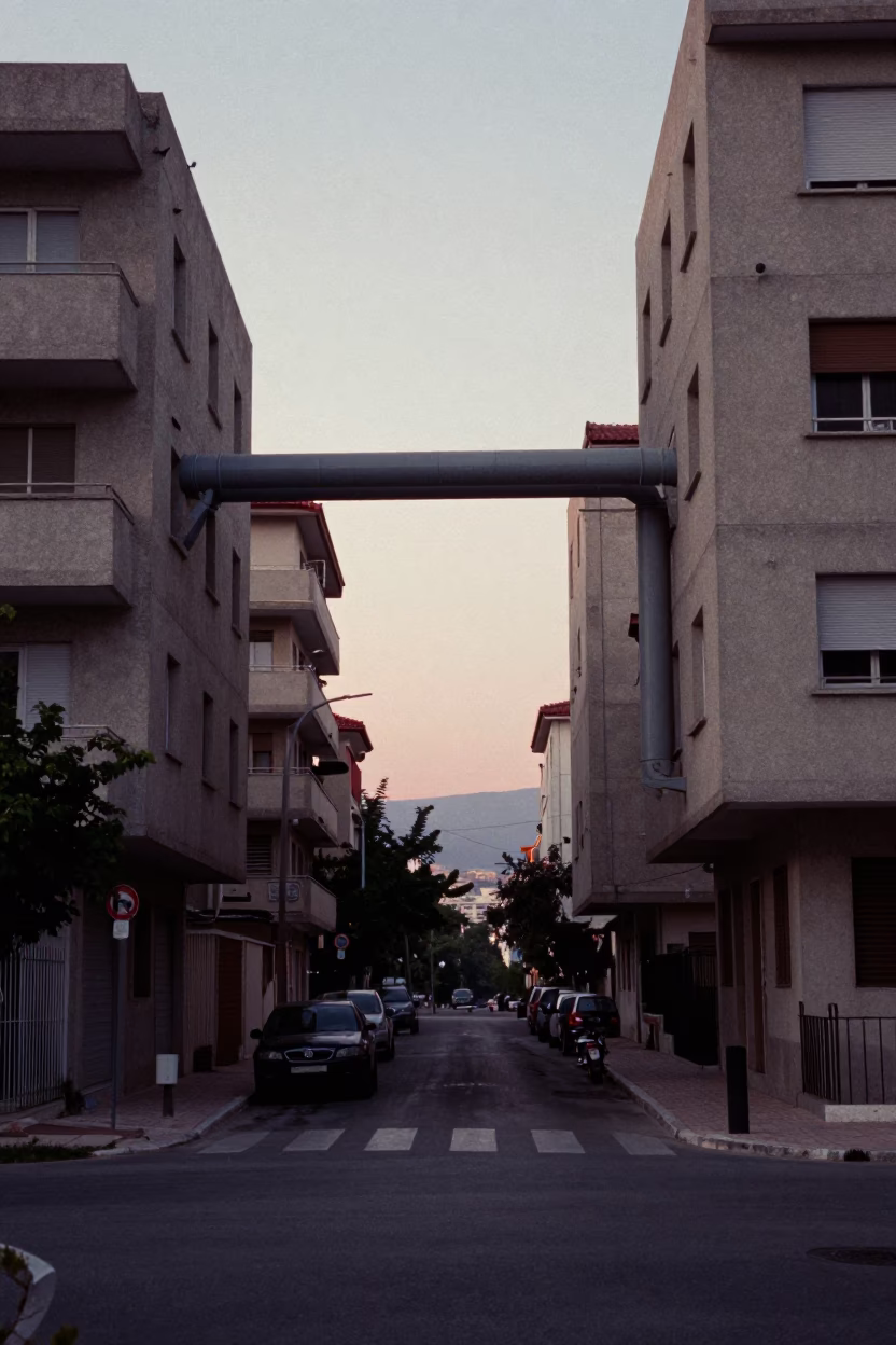 Pre-dawn Athens Street Scene with District Heating Pipes Between Concrete Apartment Blocks in in Athens, Greece
