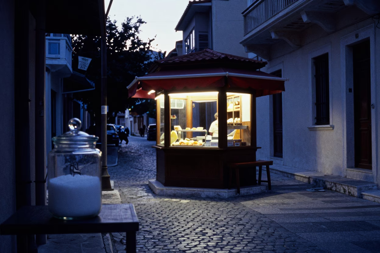 Pre-Dawn Athens Street Scene with Glass Sugar Jar and Concrete Architecture in in Athens, Greece