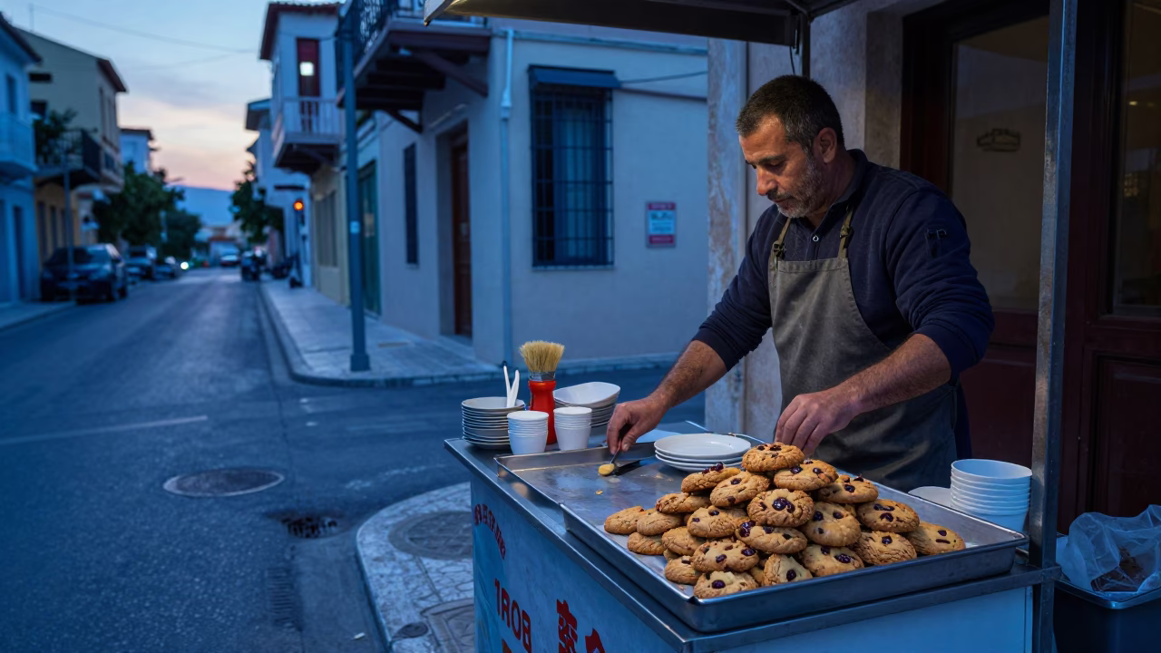 Pre-dawn Athens Street Scene with Local Breakfast and Brushed Steel Handle in in Athens, Greece