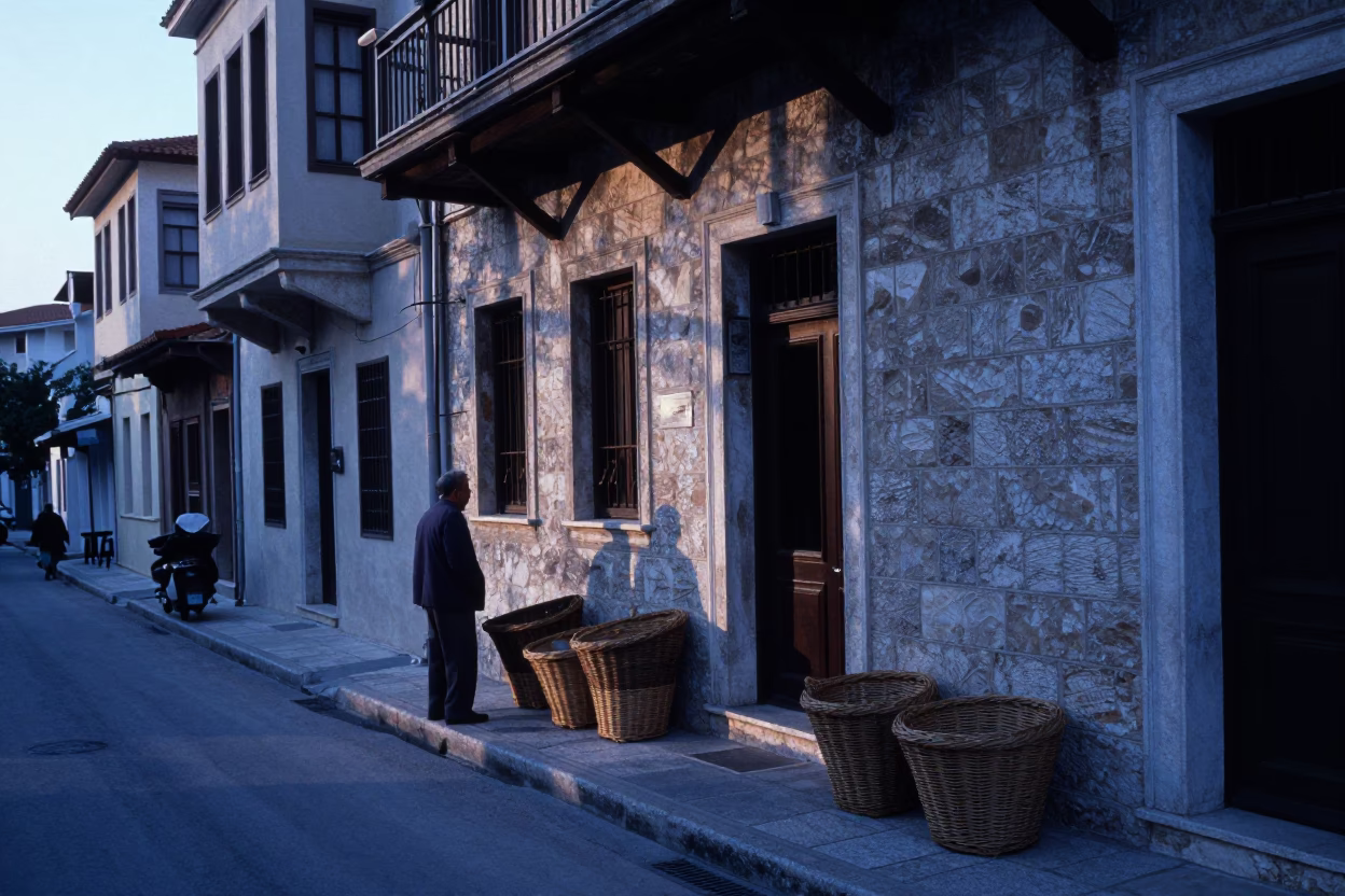 Pre-dawn Athens Street Scene with Local Shopkeeper and Wicker Basket in in Athens, Greece