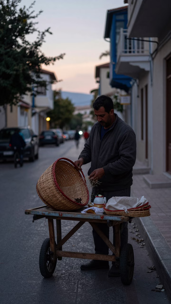 Pre-dawn Athens Street Scene with Mending Basket and Early Morning Light in in Athens, Greece
