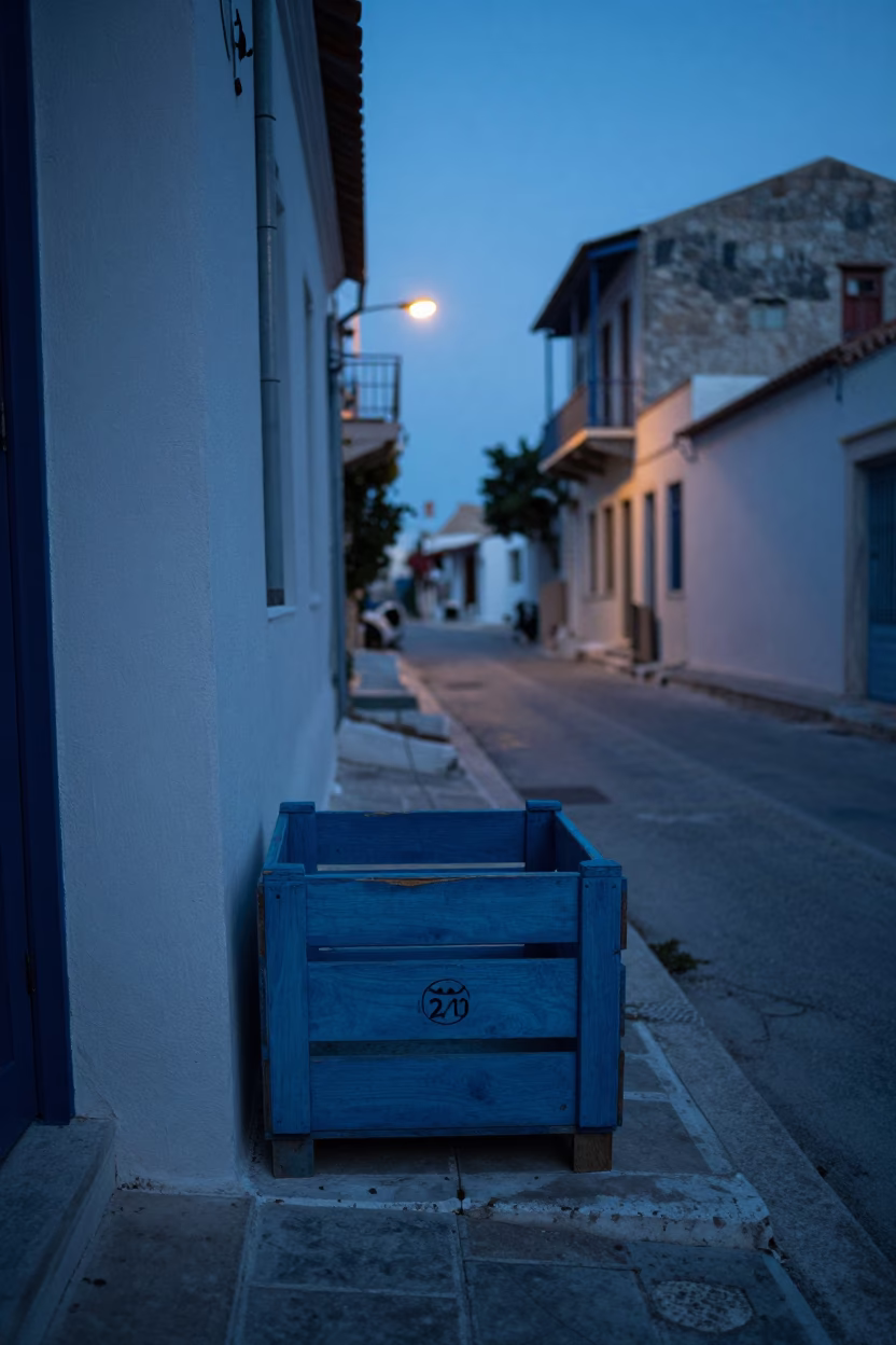 Pre-dawn Athens street scene with painted wooden crate and garden cloche in in Athens, Greece