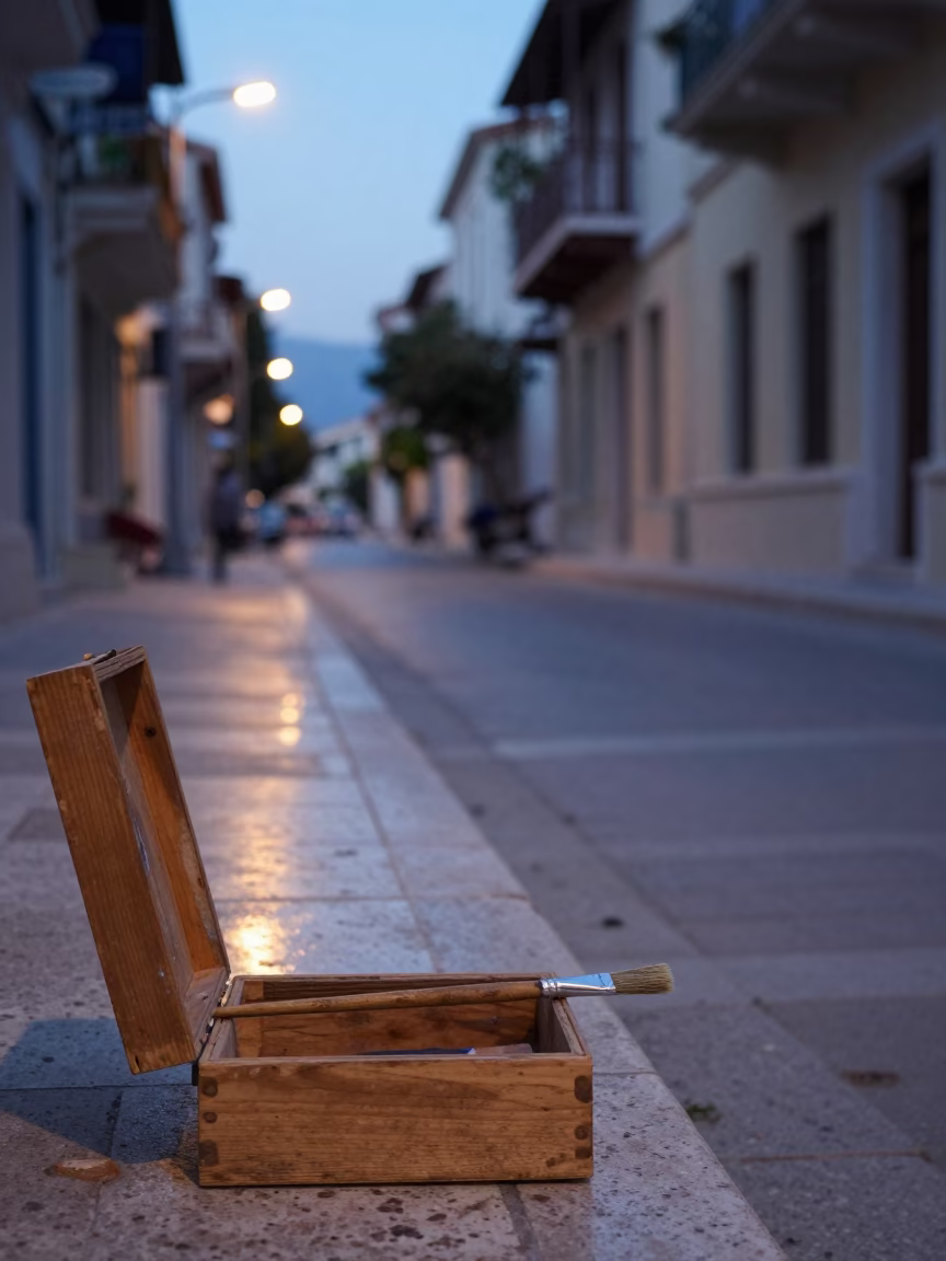 Pre-dawn Athens Street Scene with Painter's Supplies and Morning Light in in Athens, Greece