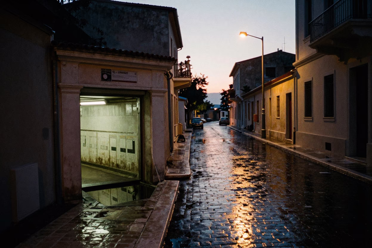 Pre-dawn Athens Street Scene with Service Tunnel Sump Reflecting Blinking Indicators in in Athens, Greece