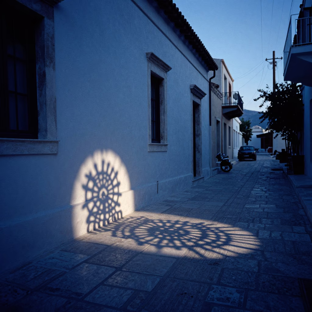 Pre-Dawn Athens Street Scene with Wicker Shadow on Plaster Wall in in Athens, Greece
