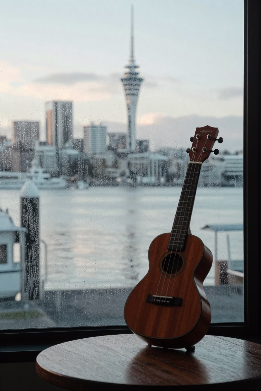 Pre-dawn Auckland harbor condensation on glass with ukulele and origami crane in in Auckland, New Zealand