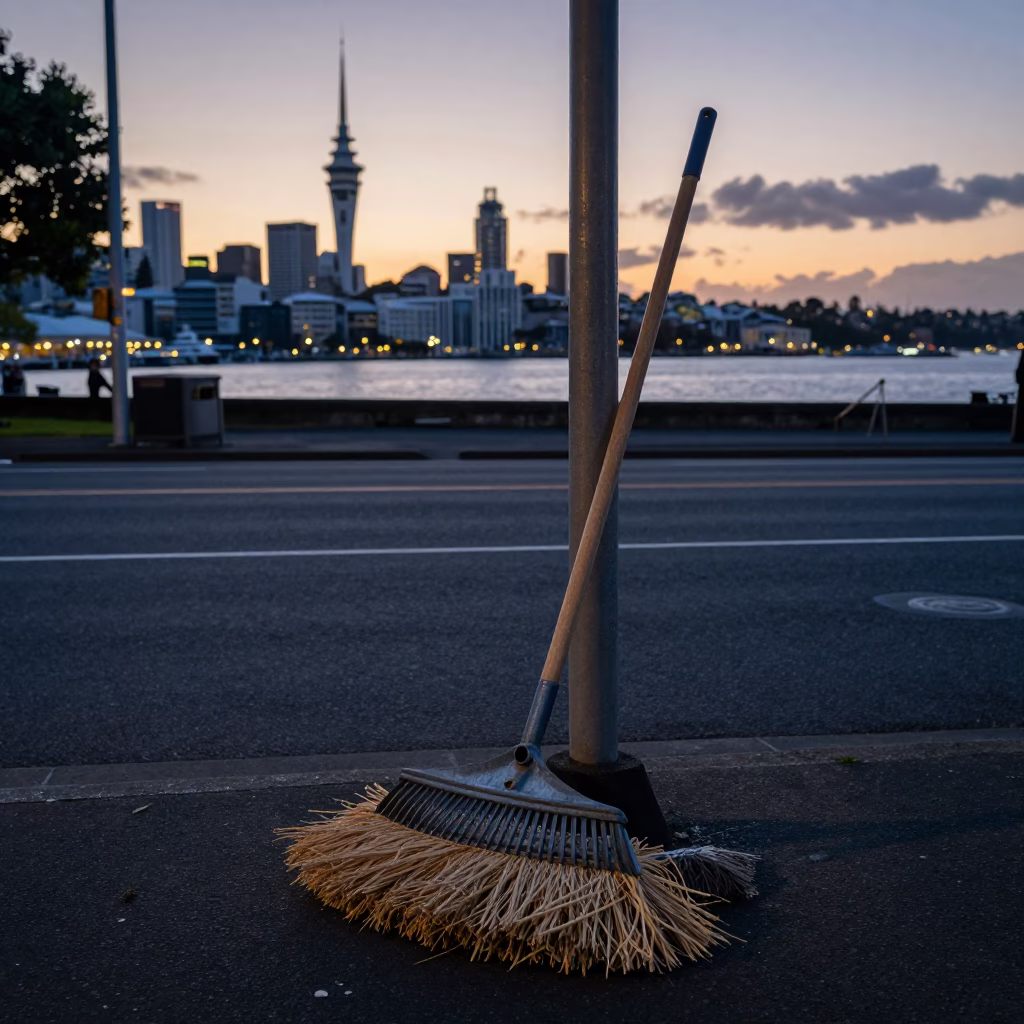 Pre-Dawn Auckland Street Corner with Rake Head and Mops Near Harbor in in Auckland, New Zealand
