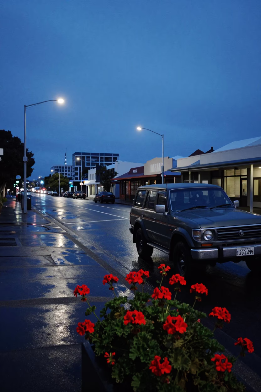 Pre-dawn Auckland Street Scene with Geraniums and Vintage SUV in in Auckland, New Zealand