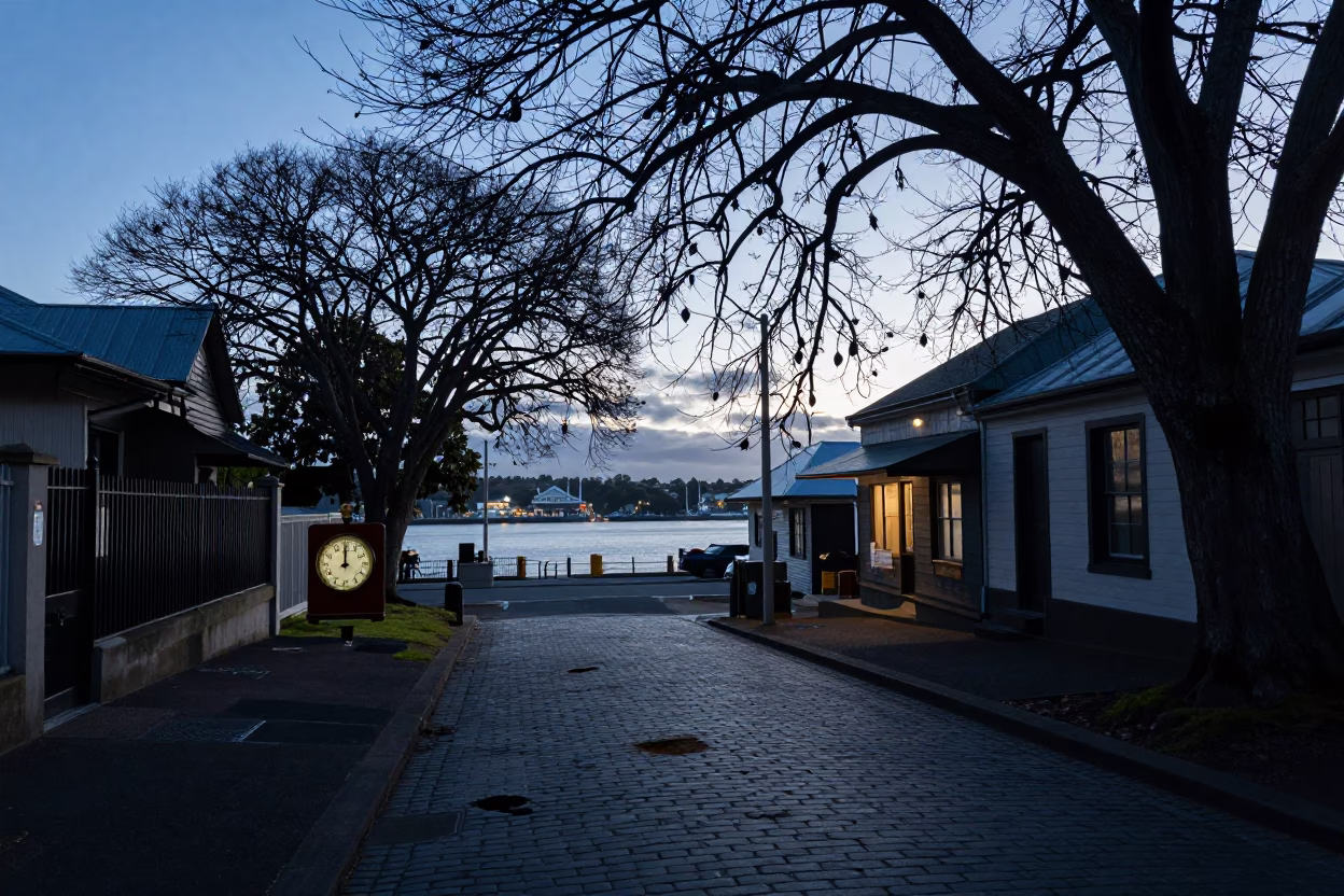 Pre-Dawn Auckland Street Scene with Metronome and Tea Stains in in Auckland, New Zealand