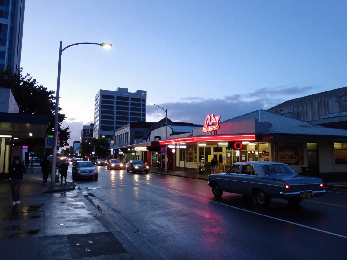 Pre-dawn Auckland Street Scene with Vintage Car and Neon Shop Signs in in Auckland, New Zealand
