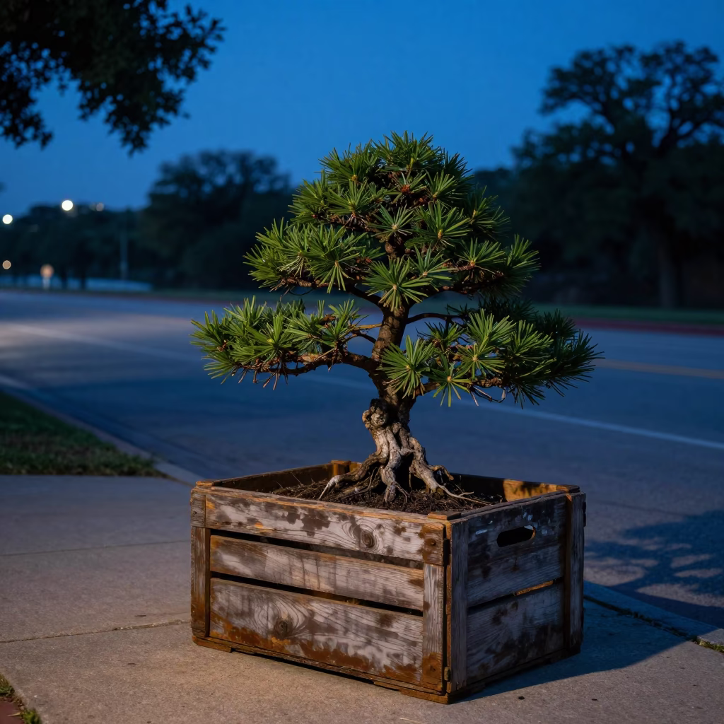 Pre-dawn Austin Texas Landscape with Vintage Crate and Bonsai Pine Near Downtown Skyline in in Austin, Texas, United States
