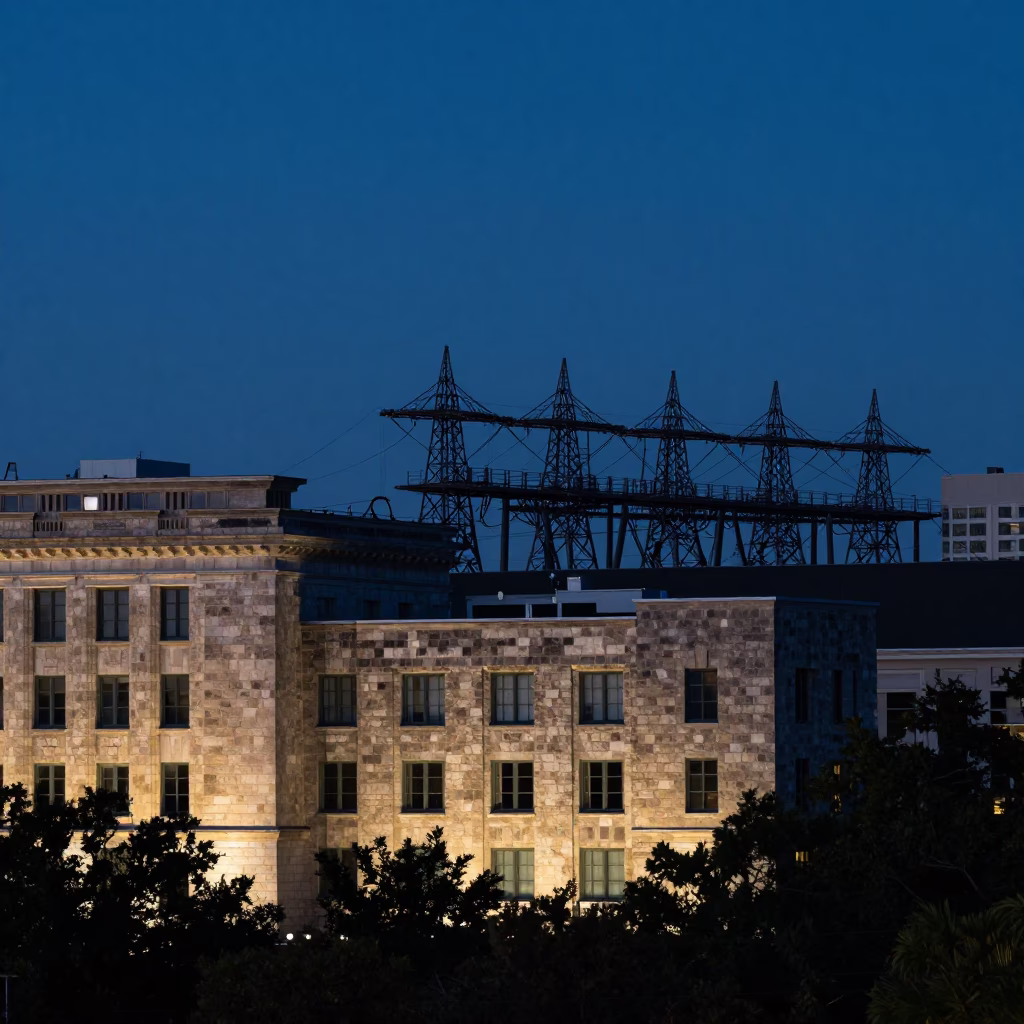 Pre-dawn Austin Texas Limestone Architecture and Power Substation Silhouette in in Austin, Texas, United States