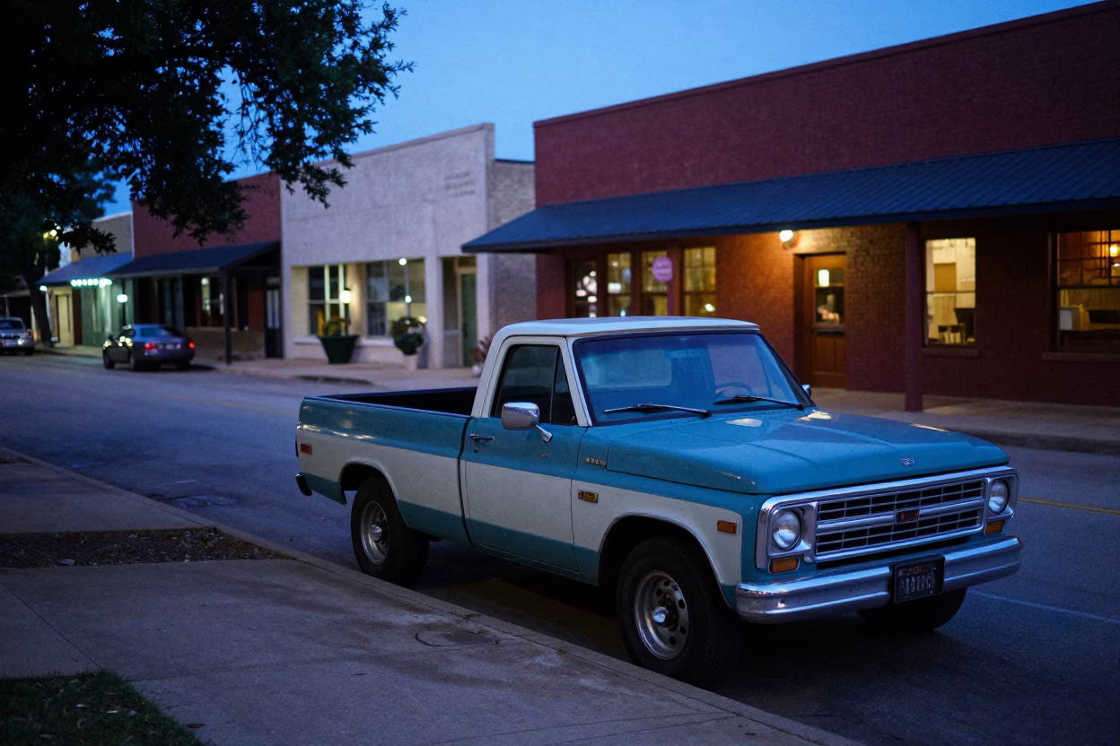 Pre-dawn Austin Texas Street Scene with Colorful Vintage Elements and Local Details in in Austin, Texas, United States