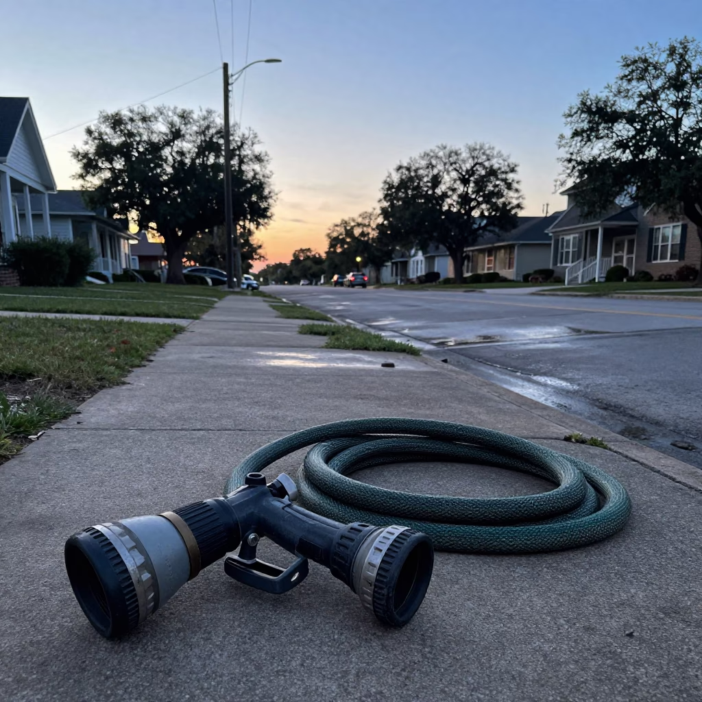 Pre-dawn Austin Texas street scene with hose nozzle and wicker hamper in in Austin, Texas, United States