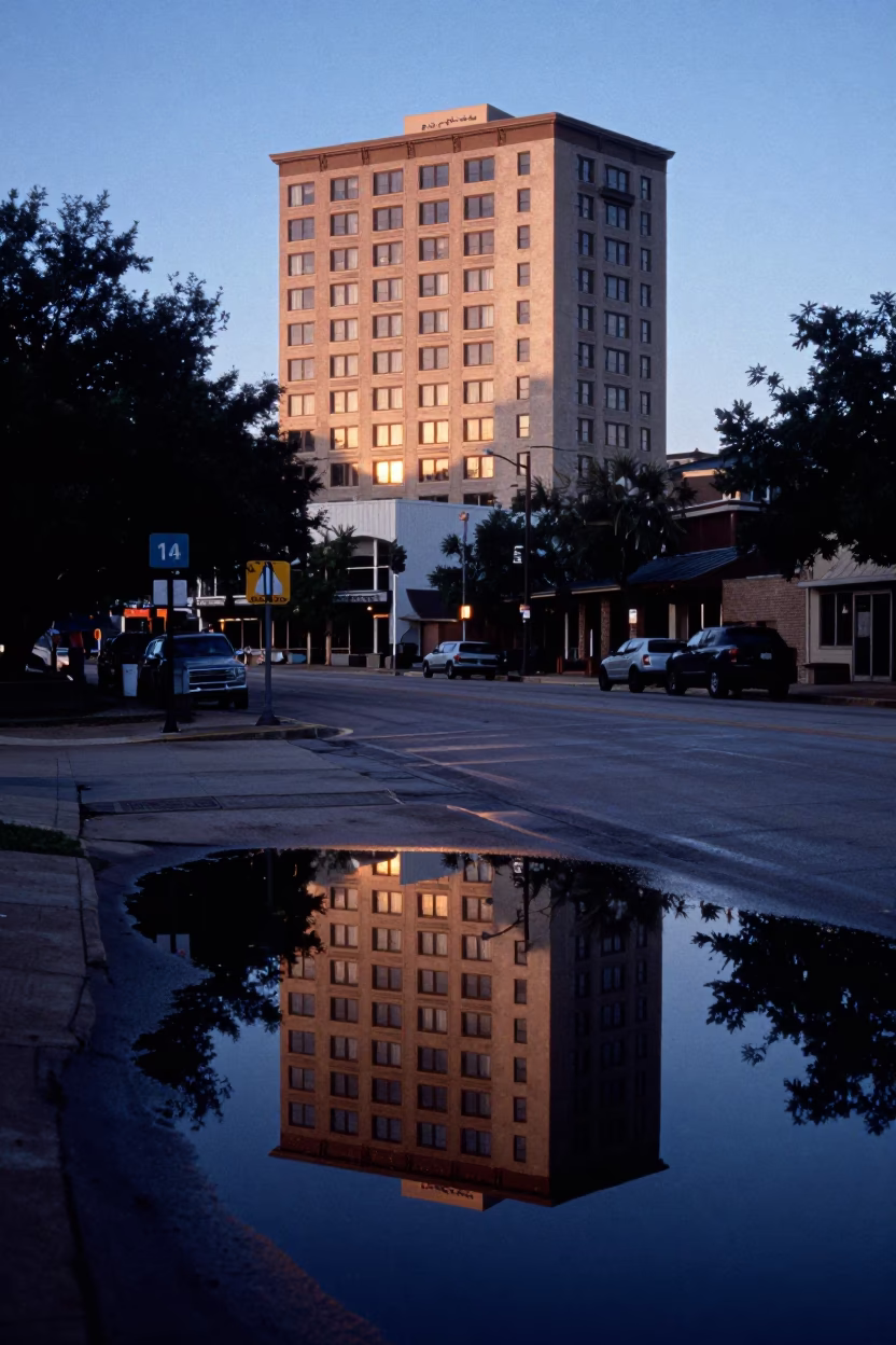 Pre-Dawn Austin Texas Street Scene with Puddle Reflections and Hotel Lights in in Austin, Texas, United States