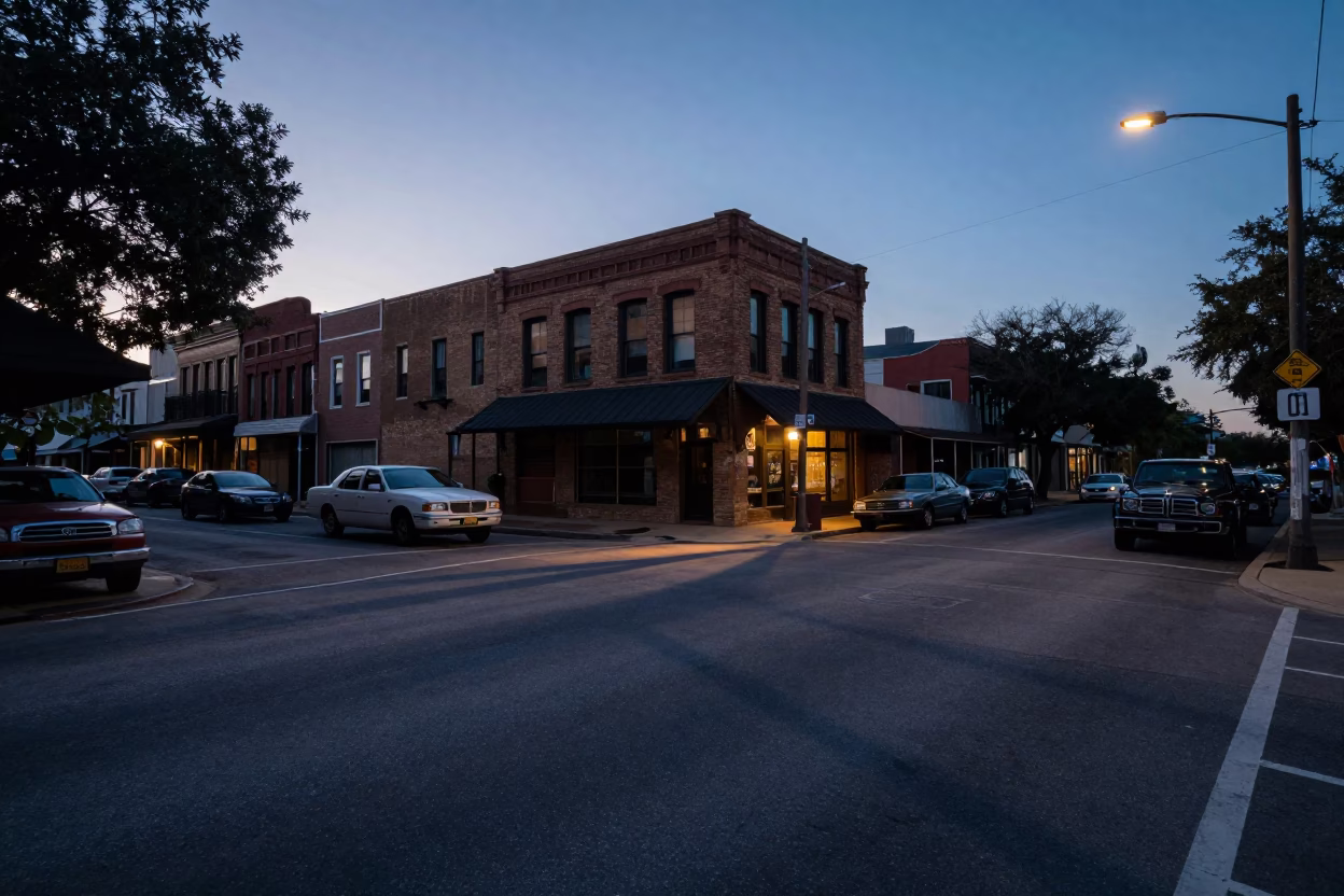 Pre-Dawn Austin Texas Street Scene with Vintage Cars and Urban Infrastructure in in Austin, Texas, United States